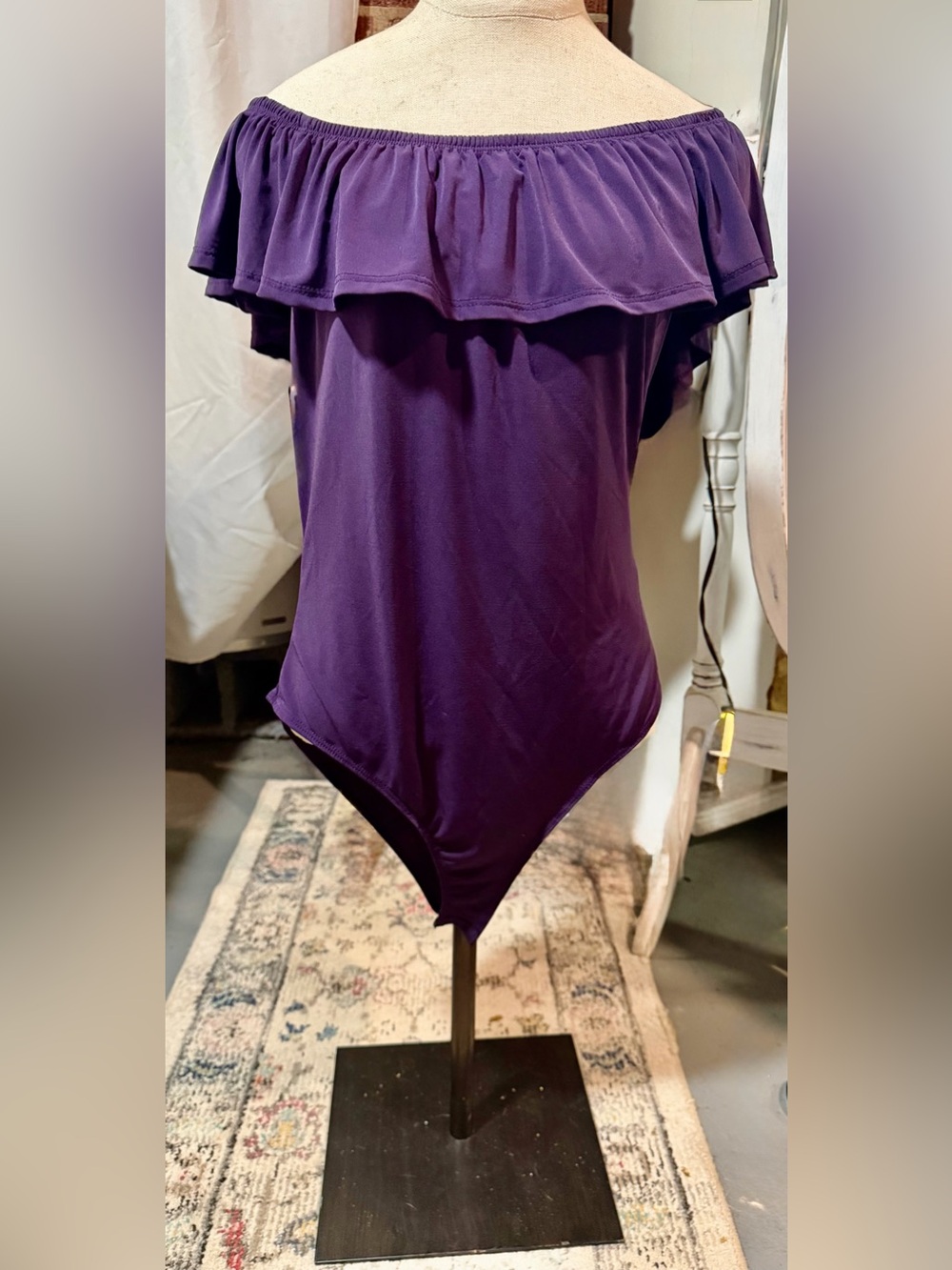 Off-Shoulder Ruffle Bodysuit in Purple